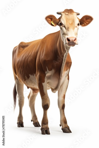 A brown and white cow gracefully stands before a blank white canvas