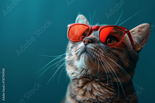 Dynamic image of a fashionable cat in vibrant red eyewear, showcasing a striking profile view