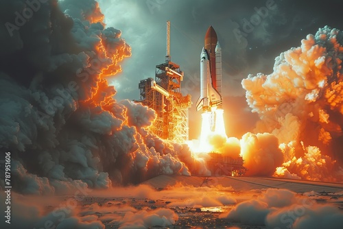 An intense image of a space shuttle ascending with massive fiery exhaust against a turbulent cloud backdrop