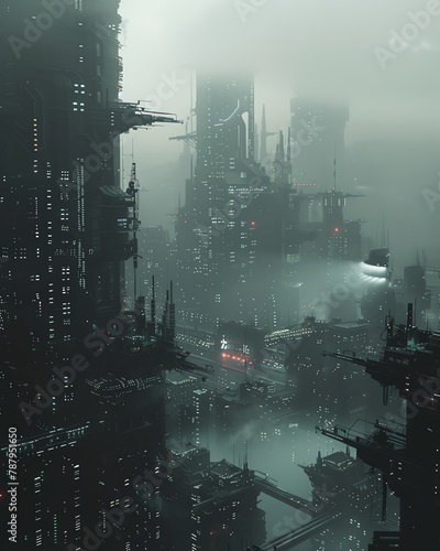 Dystopian Cityscape, A futuristic city shrouded in darkness, highlighting the scarcity and cost of electricity