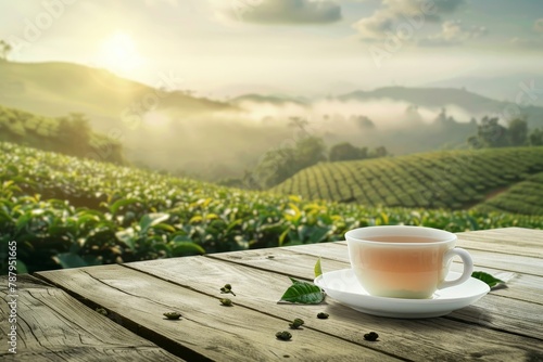 Wooden table with green tea leaves and hot tea overlooking plantations