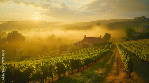 
A quintessential European vineyard scene with lush green vines, rolling hills, and a rustic charm, perfect for wine enthusiasts and travel promotions.