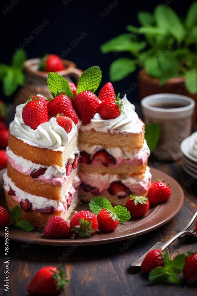 A luscious piece of cake decorated with fresh strawberries, sitting elegantly on a plate