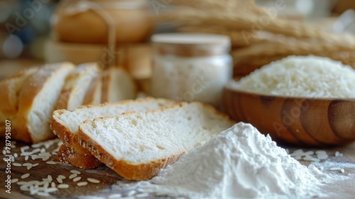 An image of bread made with rice flour.Ears of rice, white rice, rice flour, and plain bread.