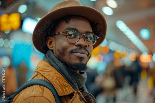 A sleek man with glasses and a stylish hat stands out in an airport environment with a bright smile
