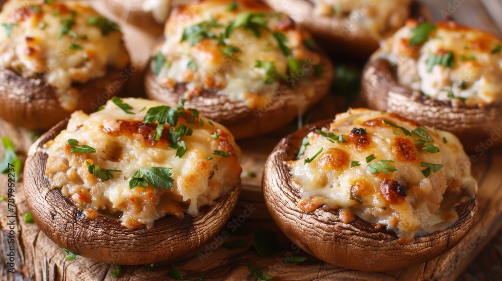 Baked mushrooms stuffed with chicken minced meat, cheese and herbs on a wooden background Baked mushrooms stuffed with chicken minced meat, cheese and herbs on a wooden background