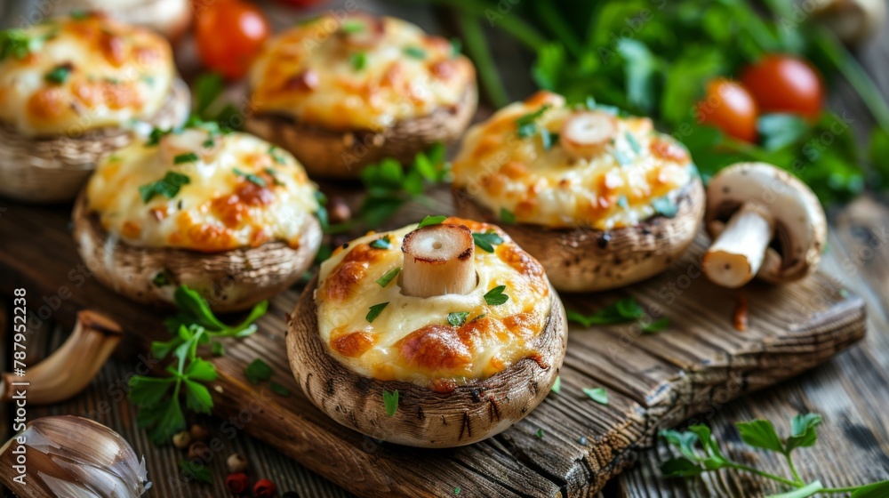 Baked mushrooms stuffed with chicken minced meat, cheese and herbs on a wooden background Baked mushrooms stuffed with chicken minced meat, cheese and herbs on a wooden background