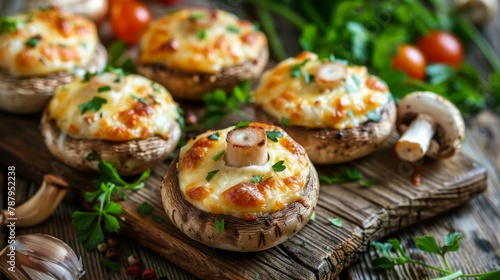 Baked mushrooms stuffed with chicken minced meat, cheese and herbs on a wooden background