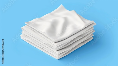 A mockup of a white folded handkerchief. A blank cotton or silk fabric napkin or kitchen towel. A realistic modern set of templates for a microfiber dishcloth or picnic blanket, a cloth serviette or