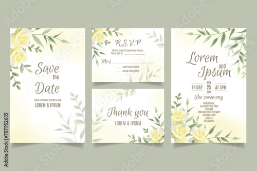 Wedding invitation template with yellow roses and leaves