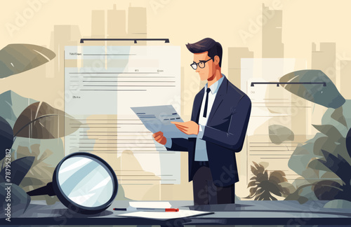 Businessman Reviewing Documents with Magnifier, Quality Assurance Concept - Inspection, Investigation, Auditing, Research, Legal Compliance Vector Illustration