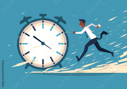 Businessman Running Against Time, Hurry Deadline Office Late - Minimalist Stressed Urgency Work Concept Illustration
