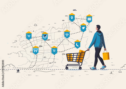Customer Journey Map Illustration: Man with Shopping Cart Navigating Purchase Process, Marketing Analysis, Advertising Concept