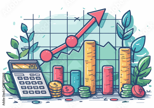 Financial Evaluator Illustrates Income Growth & Profitability Calculations - Business Professional with Calculator, Increasing Earnings/Investment Graph