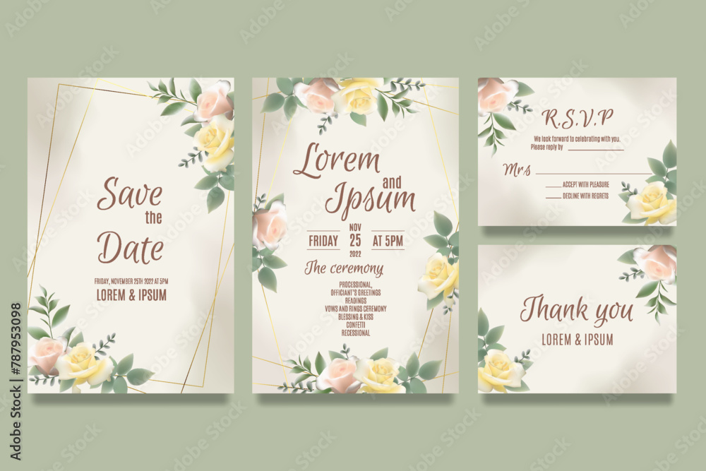 Wedding invitation template with yellow and pink roses and leaves