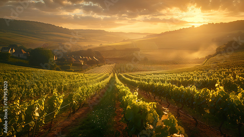 A picturesque European vineyard scene, showcasing rolling hills, neat rows of grapevines, and a rustic farmhouse nestled amidst lush greenery under a serene sky