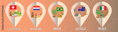 location pin, countries pointers, landmark icons