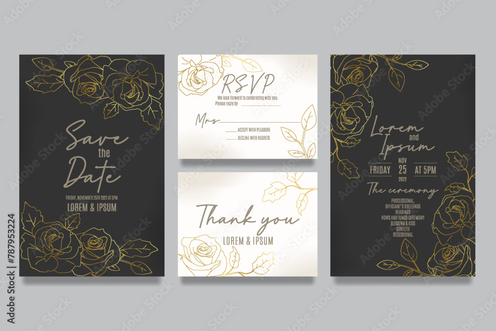 Hand draw wedding invitation template with roses and leaves Hand draw wedding invitation template with roses and leaves