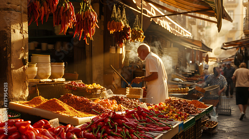 A bustling Indian marketplace with vibrant colors, people, and stalls showcasing diverse goods and culture, offering a glimpse into the lively atmosphere of traditional Indian commerce