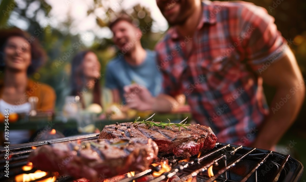 Smiling man in an apron is cooking on a grill with friends in garden.