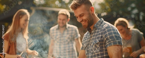 Smiling man in an apron is cooking on a grill with friends in garden. photo