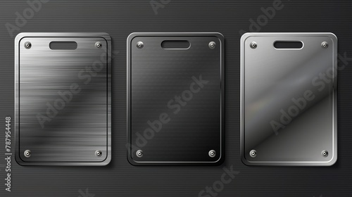 The modern set of metal nameplates or boards has a space for a sign. A realistic modern mockup with a silver plaque or stainless frame. A shape with a chrome texture.