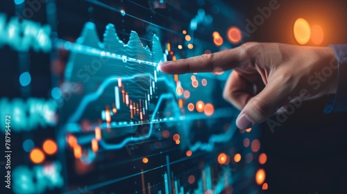 Businessman hand pointing finger to growth success finance business chart of metaverse technology financial graph investment diagram on analysis stock market © Plaifah