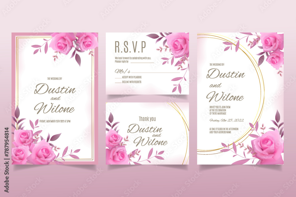 Wedding invitation template with pink roses and leaves
