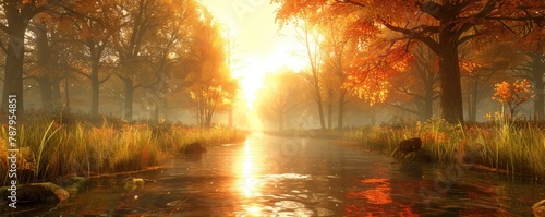 A stream beautifully illuminated by sunlight trickling through an amber-colored autumnal forest park with calm river.