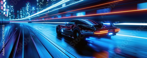 A sleek sports car bathed in neon lights speeds through a futuristic cityscape at night with neon light effect