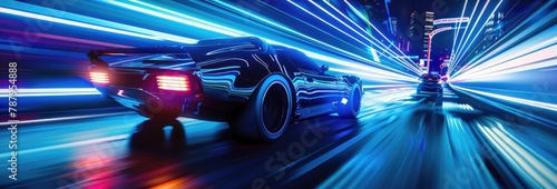 A sleek sports car bathed in neon lights speeds through a futuristic cityscape at night with neon light effect