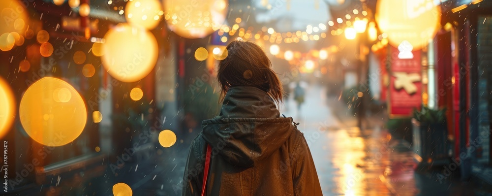 A woman stands contemplating the wet urban scene, highlighted by glowing street lights and a blur of evening traffic.