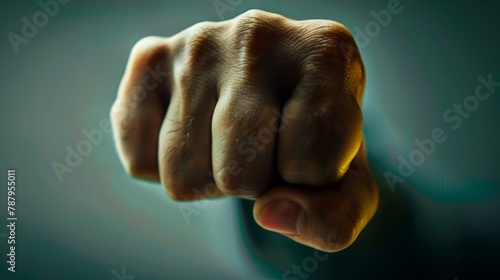 Fist punching directly at the camera close up