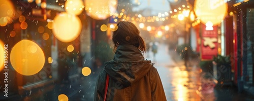 A woman stands contemplating the wet urban scene, highlighted by glowing street lights and a blur of evening traffic.