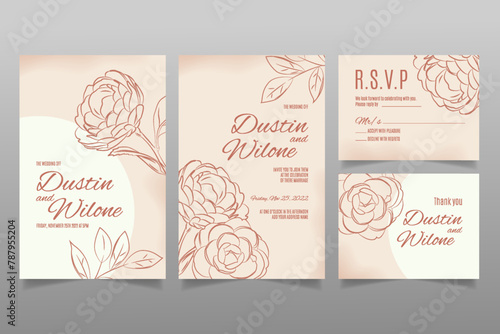 Hand draw wedding invitation template with camellia flowers and leaves