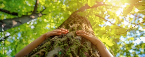 Close-up image of humans hands hugging a tree, symbolizing a connection with nature.