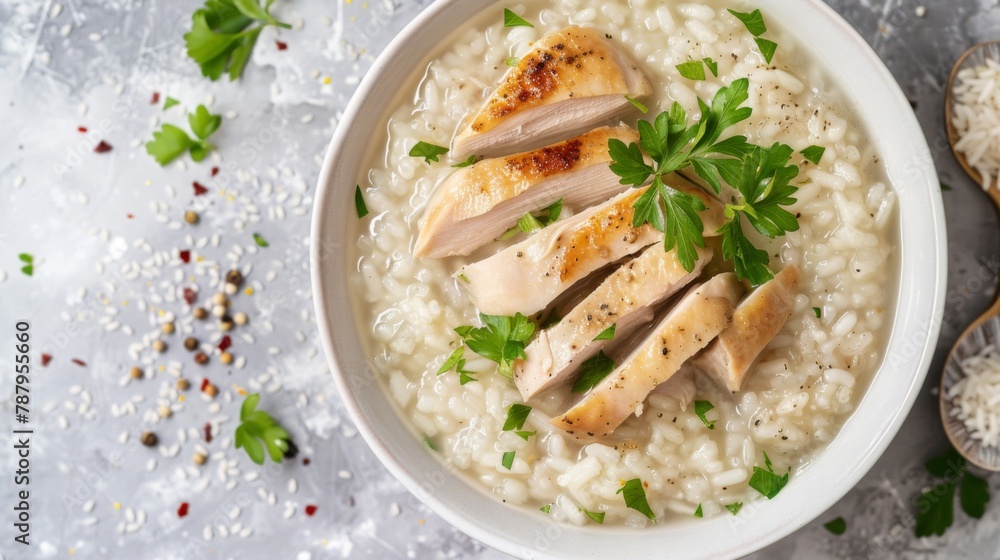 Chicken Porridge,rice soup with sliced chicken breast in white bowl.Asian breakfast style Chicken Porridge,rice soup with sliced chicken breast in white bowl.Asian breakfast style