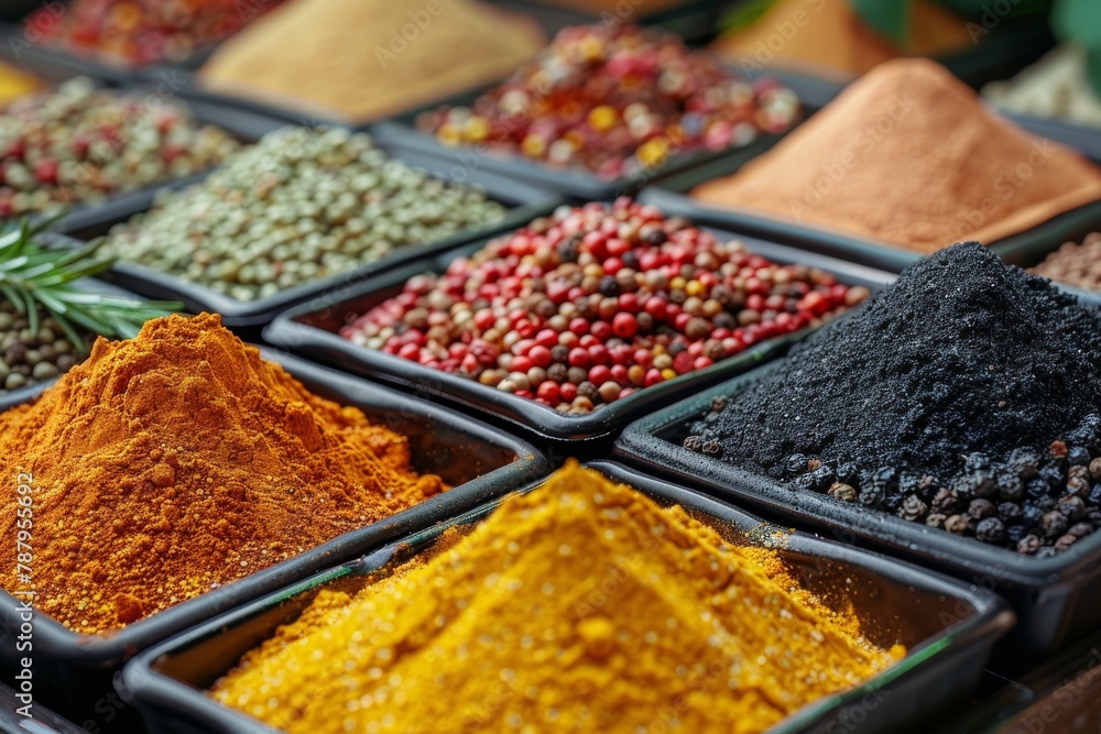 An assortment of colorful spices in black trays highlighting the variety and textures of each spice