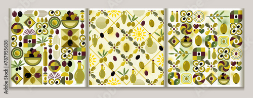 Seamless patterns with olive berry icons, abstract block geometric shapes. Flat simple geometric style. For branding, decoration of food package, decorative print for kitchen