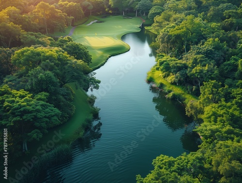 Golf course aerial view, green, fairway, generative ai