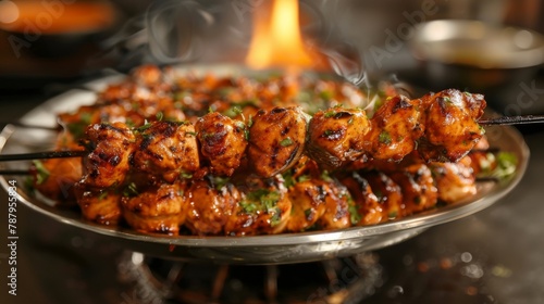 Chicken Tikka Kebab floats up in the air above the silver metal plate.