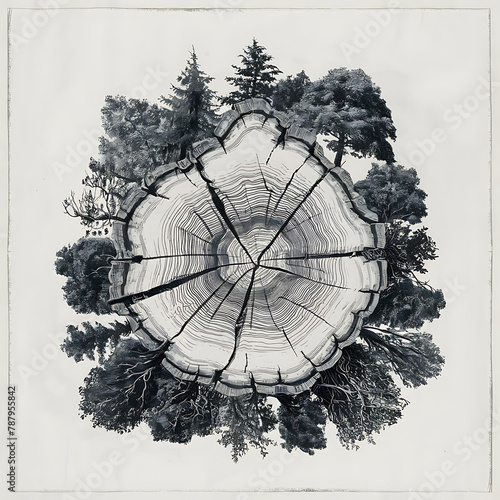 A stunning hand-drawn cross-section of a tree trunk, revealing its intricate layers and growth rings. Generative AI