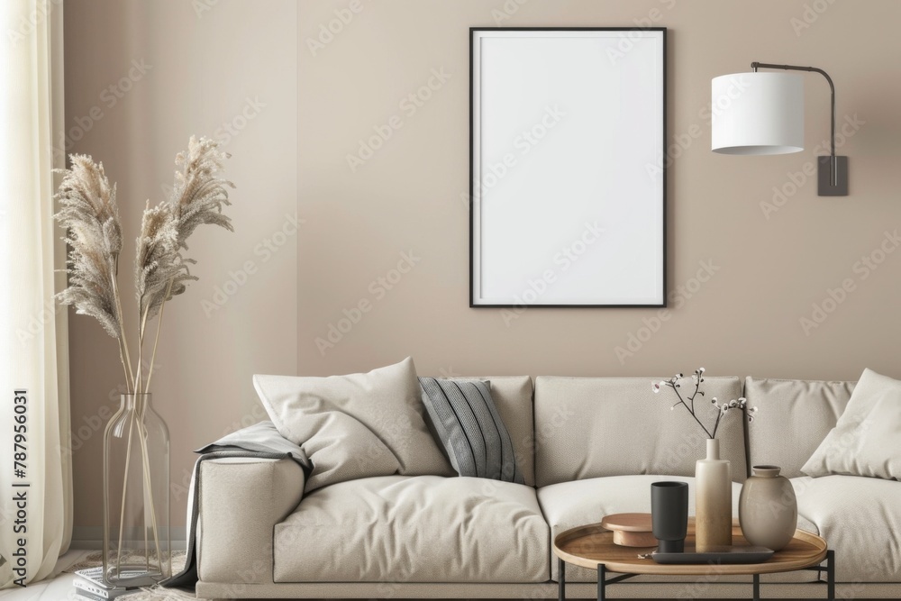 Fototapeta premium Beige Scandinavian Interior with Poster Mockup created with Generative AI