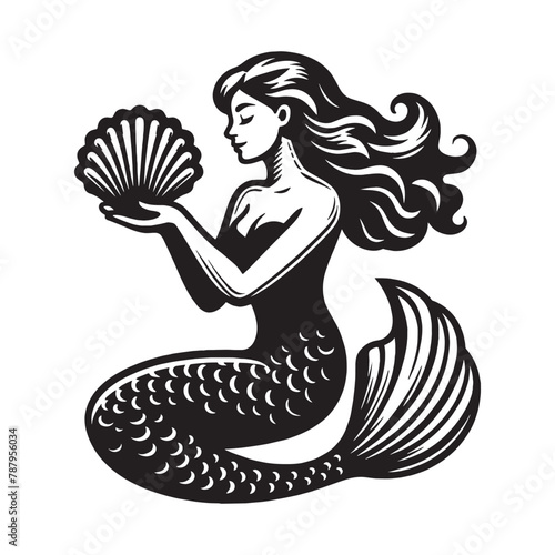 Beautiful mermaid holding a shell in her hands. Vintage retro engraving illustration. Black icon, isolated element  © Victoria
