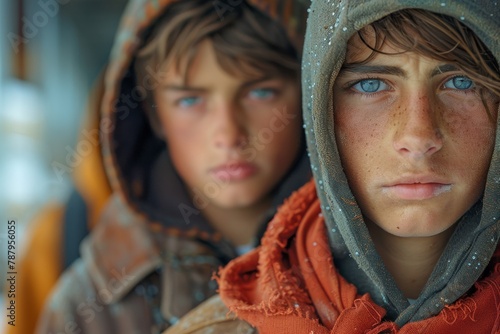 A portrait of two boys, their faces half-hidden in hoods, casting expressions of resolve and slightly guarded outlooks