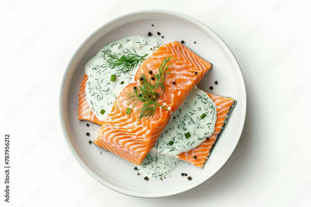 Fresh salmon fillets with dill and creamy sauce on a white plate, isolated on white, top view.
