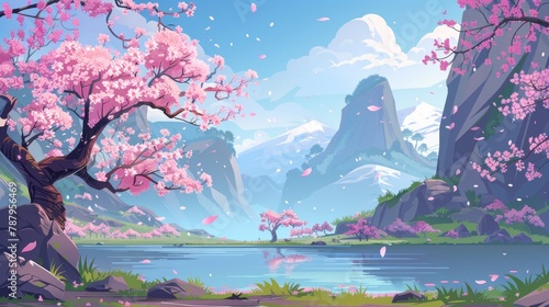 An illustration of a spring cartoon landscape with pink flowering trees along a lake shore under a blue sky with clouds. Modern scene of cherry blossom or sakura flowers near a pond. © Mark