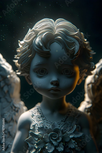 Ethereal Angelic Ceramic Doll in Serene Moody Minimalist Isolated Dark Background with 3D Rendering