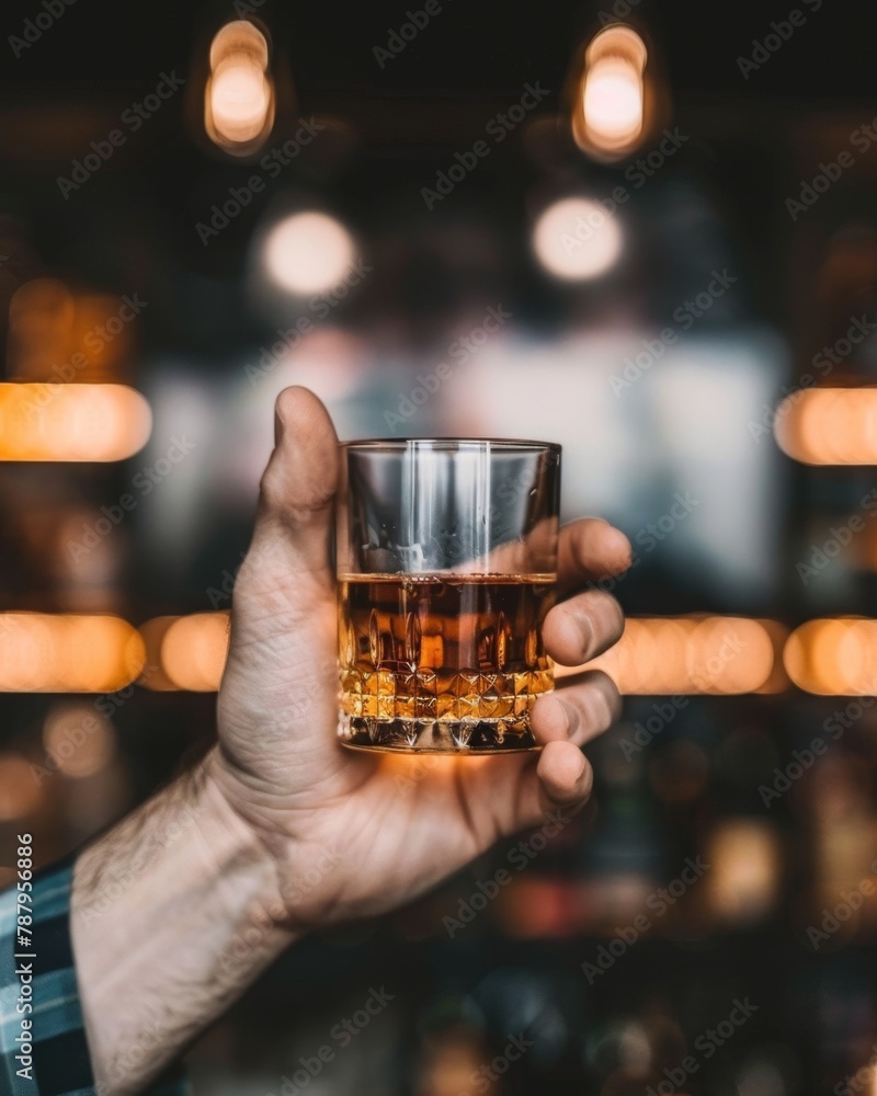 A male hand holding a glass of whiskey close up.
