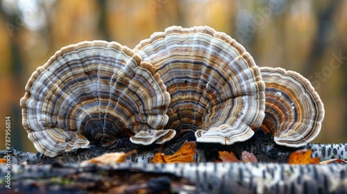 Close-up picture of mushroom, Turkey Tails, (Trametes versicolor) fruiting body on rotting tree log, Trametes versicolor photo